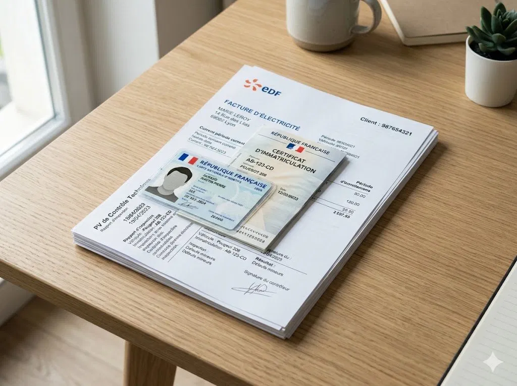 Dossier d'immatriculation avec carte grise, carte d'identité et justificatifs